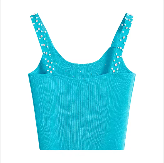 Summer Backless Knit Crew Neck Beaded Tank Top