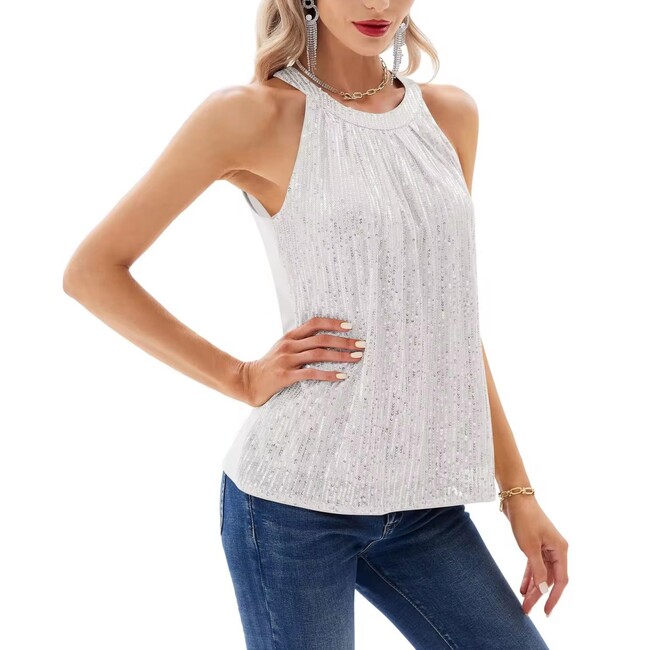 New womens Shiny Sequin Suspender Party Tank Shirt For Summer