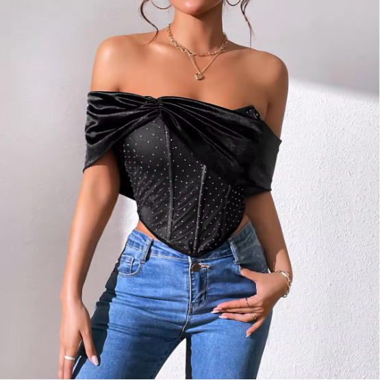 Beaded Spliced Mesh Black Strapless Top