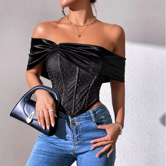 Beaded Spliced Mesh Black Strapless Top