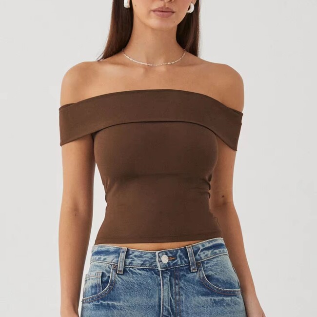 Womens Solid Colour Slim Straight Shoulder Top