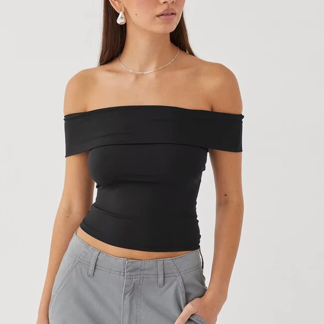 Womens Solid Colour Slim Straight Shoulder Top