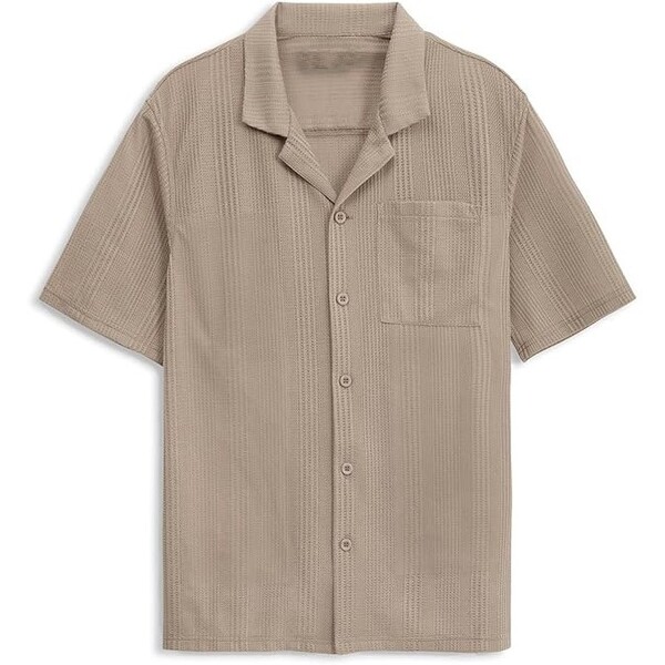 Mens Casual Button Down Shirts Short Sleeve Knitted Tops with Pocket