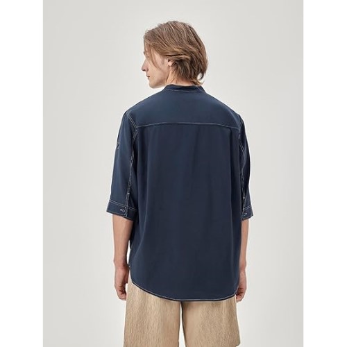 Mens Casual Shirts Button Up Sleeve Mandarin Collar Summer Tops