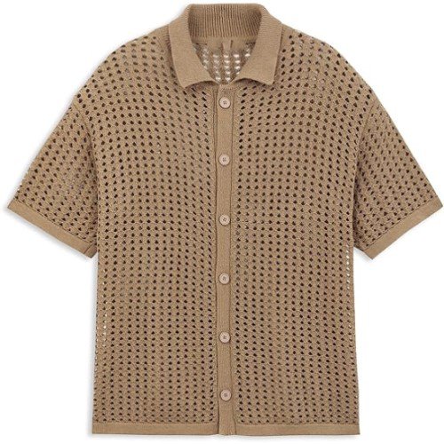 Mens Short Sleeve Shirt Button Down Crochet Casual Cardigan Sweater