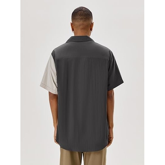 Mens Short Sleeve Shirts Casual Color Block Button Down with Pocket